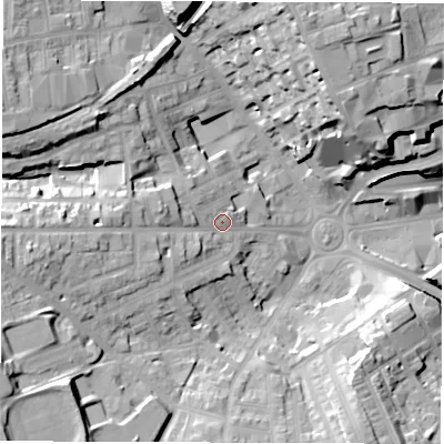 Shaded relief map of the ground around S706EB, computed from Environment Agency LiDAR. The ground here sits at about 112 m above sea level and falls 29 m across the surrounding 800 m. Surface water reaching this point runs off ground lying to the west-south-west, 14.1 m higher.
