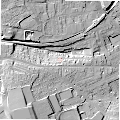 Shaded relief map of the ground around S706HH, computed from Environment Agency LiDAR. The ground here sits at about 122 m above sea level and falls 40 m across the surrounding 800 m. Surface water reaching this point runs off ground lying to the south, 6.3 m higher.