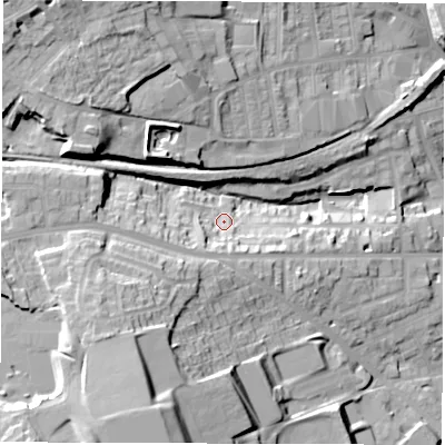 Shaded relief map of the ground around S706HP, computed from Environment Agency LiDAR. The ground here sits at about 122 m above sea level and falls 35 m across the surrounding 800 m. Surface water reaching this point runs off ground lying to the south-west, 9.0 m higher.