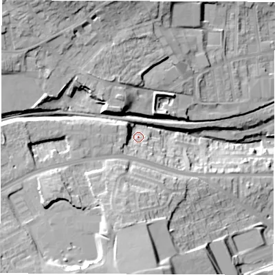 Shaded relief map of the ground around S706HS, computed from Environment Agency LiDAR. The ground here sits at about 127 m above sea level and falls 32 m across the surrounding 800 m. Surface water reaching this point runs off ground lying to the west-south-west, 9.1 m higher.