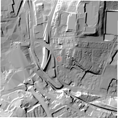 Shaded relief map of the ground around S711AJ, computed from Environment Agency LiDAR. The ground here sits at about 91 m above sea level and falls 51 m across the surrounding 800 m. Surface water reaching this point runs off ground lying to the north-north-east, 9.1 m higher.