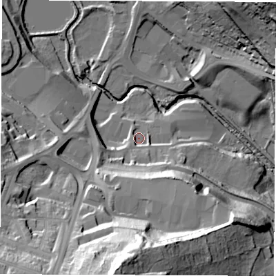 Shaded relief map of the ground around S711DL, computed from Environment Agency LiDAR. The ground here sits at about 48 m above sea level and falls 67 m across the surrounding 800 m. Surface water reaching this point runs off ground lying to the south, 58.3 m higher.
