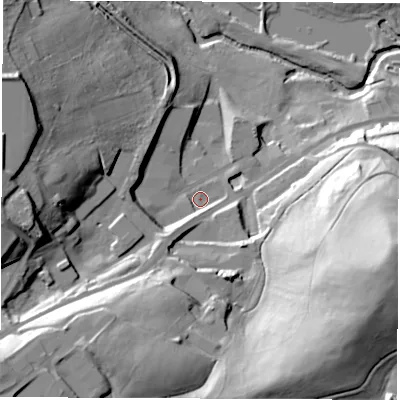 Shaded relief map of the ground around S711HN, computed from Environment Agency LiDAR. The ground here sits at about 48 m above sea level and falls 56 m across the surrounding 800 m. Surface water reaching this point runs off ground lying to the south-south-west, 5.3 m higher.