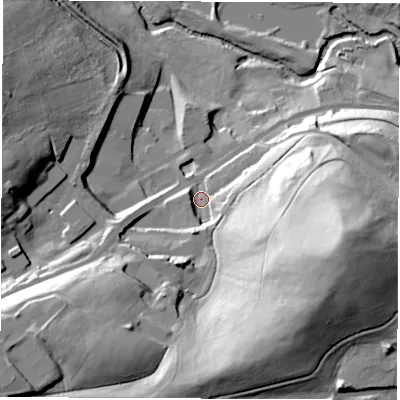 Shaded relief map of the ground around S711HR, computed from Environment Agency LiDAR. The ground here sits at about 49 m above sea level and falls 56 m across the surrounding 800 m. Surface water reaching this point runs off ground lying to the east-south-east, 43.7 m higher.