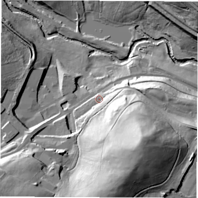 Shaded relief map of the ground around S711HS, computed from Environment Agency LiDAR. The ground here sits at about 50 m above sea level and falls 57 m across the surrounding 800 m. Surface water reaching this point runs off ground lying to the south-east, 44.3 m higher.