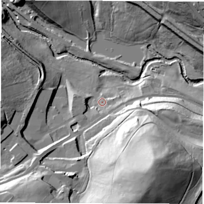Shaded relief map of the ground around S711HZ, computed from Environment Agency LiDAR. The ground here sits at about 45 m above sea level and falls 57 m across the surrounding 800 m. Surface water reaching this point runs off ground lying to the south-east, 49.2 m higher.