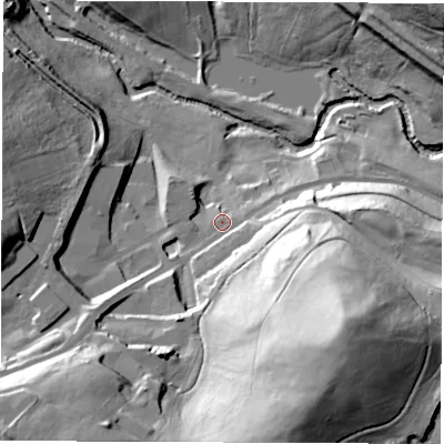 Shaded relief map of the ground around S711JA, computed from Environment Agency LiDAR. The ground here sits at about 47 m above sea level and falls 57 m across the surrounding 800 m. Surface water reaching this point runs off ground lying to the south-east, 44.2 m higher.