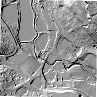 Shaded relief map of the ground around S711LL, computed from Environment Agency LiDAR. The ground here sits at about 46 m above sea level and falls 60 m across the surrounding 800 m. Surface water reaching this point runs off ground lying to the north-east, 3.0 m higher.