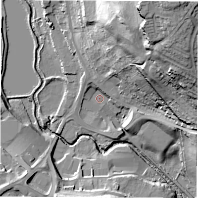 Shaded relief map of the ground around S711LS, computed from Environment Agency LiDAR. The ground here sits at about 46 m above sea level and falls 63 m across the surrounding 800 m. Surface water reaching this point runs off ground lying to the north-north-east, 54.5 m higher.