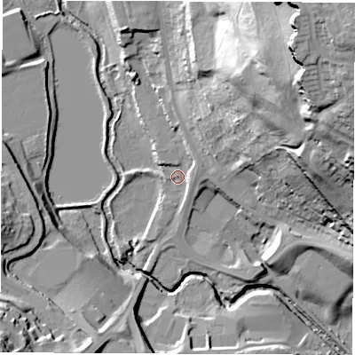 Shaded relief map of the ground around S711LU, computed from Environment Agency LiDAR. The ground here sits at about 47 m above sea level and falls 63 m across the surrounding 800 m. Surface water reaching this point runs off ground lying to the east-north-east, 4.6 m higher.