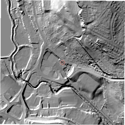 Shaded relief map of the ground around S712GB, computed from Environment Agency LiDAR. The ground here sits at about 48 m above sea level and falls 62 m across the surrounding 800 m. Surface water reaching this point runs off ground lying to the north-north-east, 55.1 m higher.