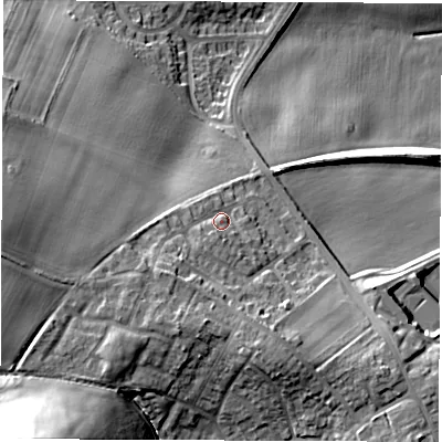Shaded relief map of the ground around S713ES, computed from Environment Agency LiDAR. The ground here sits at about 64 m above sea level and falls 40 m across the surrounding 800 m. Surface water reaching this point runs off ground lying to the south-south-west, 7.4 m higher.