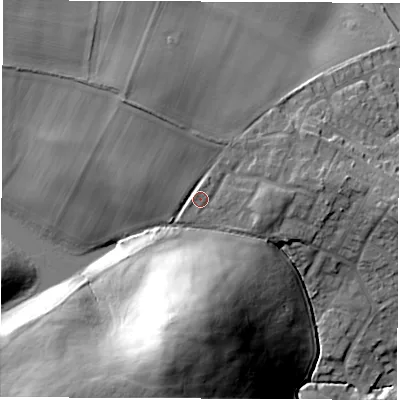 Shaded relief map of the ground around S713FB, computed from Environment Agency LiDAR. The ground here sits at about 69 m above sea level and falls 41 m across the surrounding 800 m. Surface water reaching this point runs off ground lying to the west-north-west, 4.0 m higher.