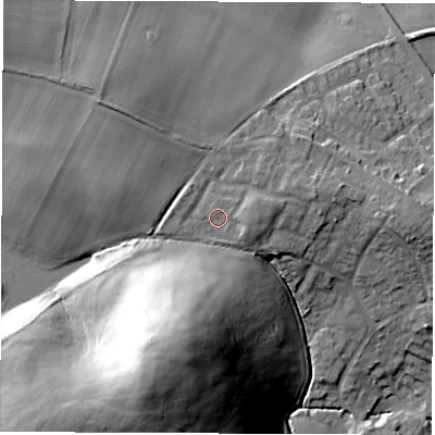Shaded relief map of the ground around S713FD, computed from Environment Agency LiDAR. The ground here sits at about 68 m above sea level and falls 42 m across the surrounding 800 m. Surface water reaching this point runs off ground lying to the east-south-east, 1.3 m higher.
