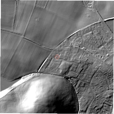 Shaded relief map of the ground around S713FE, computed from Environment Agency LiDAR. The ground here sits at about 68 m above sea level and falls 43 m across the surrounding 800 m. Surface water reaching this point runs off ground lying to the west-south-west, 2.5 m higher.