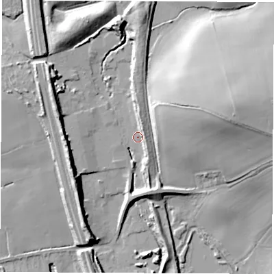 Shaded relief map of the ground around S713HJ, computed from Environment Agency LiDAR. The ground here sits at about 44 m above sea level and falls 29 m across the surrounding 800 m. Surface water reaching this point runs off ground lying to the north-east, 5.2 m higher.