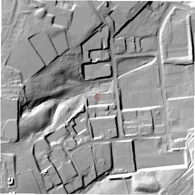 Shaded relief map of the ground around S713HU, computed from Environment Agency LiDAR. The ground here sits at about 63 m above sea level and falls 53 m across the surrounding 800 m. Surface water reaching this point runs off ground lying to the south-west, 36.7 m higher.