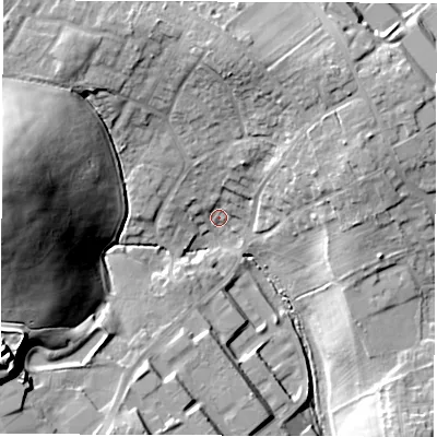 Shaded relief map of the ground around S713HZ, computed from Environment Agency LiDAR. The ground here sits at about 56 m above sea level and falls 43 m across the surrounding 800 m. Surface water reaching this point runs off ground lying to the west, 40.4 m higher.
