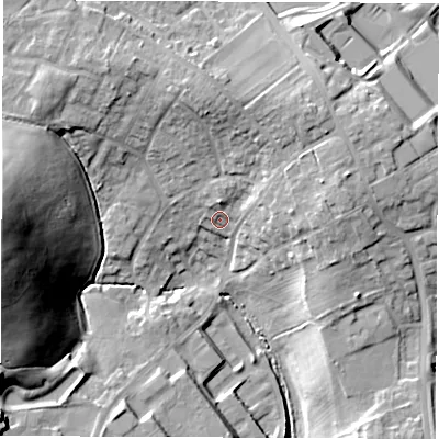Shaded relief map of the ground around S713JA, computed from Environment Agency LiDAR. The ground here sits at about 60 m above sea level and falls 37 m across the surrounding 800 m. Surface water reaching this point runs off ground lying to the east-north-east, 9.3 m higher.