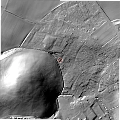 Shaded relief map of the ground around S713JS, computed from Environment Agency LiDAR. The ground here sits at about 63 m above sea level and falls 42 m across the surrounding 800 m. Surface water reaching this point runs off ground lying to the west-south-west, 34.1 m higher.