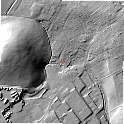 Shaded relief map of the ground around S713LE, computed from Environment Agency LiDAR. The ground here sits at about 57 m above sea level and falls 43 m across the surrounding 800 m. Surface water reaching this point runs off ground lying to the west-north-west, 39.4 m higher.