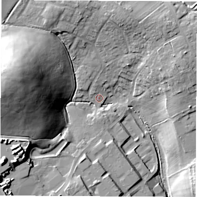 Shaded relief map of the ground around S713LG, computed from Environment Agency LiDAR. The ground here sits at about 57 m above sea level and falls 43 m across the surrounding 800 m. Surface water reaching this point runs off ground lying to the west-north-west, 39.4 m higher.