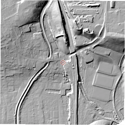 Shaded relief map of the ground around S714AZ, computed from Environment Agency LiDAR. The ground here sits at about 52 m above sea level and falls 31 m across the surrounding 800 m. Surface water reaching this point runs off ground lying to the east-north-east, 5.5 m higher.