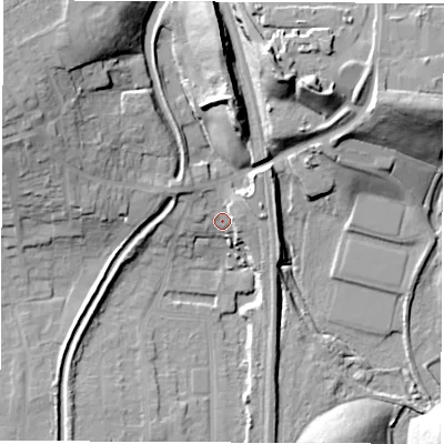 Shaded relief map of the ground around S714BA, computed from Environment Agency LiDAR. The ground here sits at about 51 m above sea level and falls 31 m across the surrounding 800 m. Surface water reaching this point runs off ground lying to the west-north-west, 5.8 m higher.