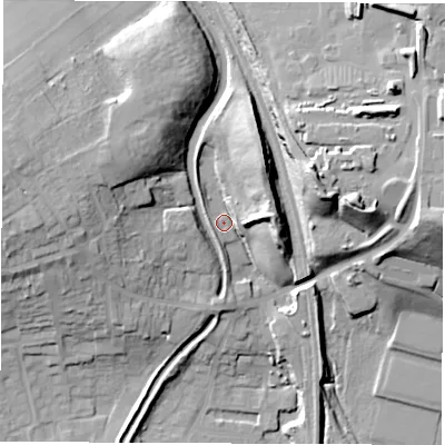 Shaded relief map of the ground around S714BU, computed from Environment Agency LiDAR. The ground here sits at about 53 m above sea level and falls 30 m across the surrounding 800 m. Surface water reaching this point runs off ground lying to the north-north-east, 16.8 m higher.