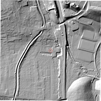Shaded relief map of the ground around S714FW, computed from Environment Agency LiDAR. The ground here sits at about 48 m above sea level and falls 31 m across the surrounding 800 m. Surface water reaching this point runs off ground lying to the south-west, 8.6 m higher.