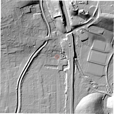 Shaded relief map of the ground around S714GQ, computed from Environment Agency LiDAR. The ground here sits at about 48 m above sea level and falls 31 m across the surrounding 800 m. Surface water reaching this point runs off ground lying to the south-west, 8.0 m higher.