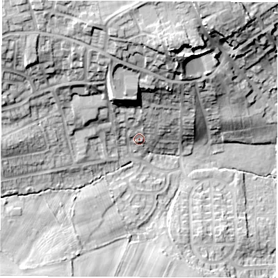 Shaded relief map of the ground around S714JJ, computed from Environment Agency LiDAR. The ground here sits at about 58 m above sea level and falls 30 m across the surrounding 800 m. Surface water reaching this point runs off ground lying to the north-north-west, 18.9 m higher.