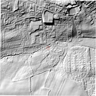 Shaded relief map of the ground around S714JQ, computed from Environment Agency LiDAR. The ground here sits at about 55 m above sea level and falls 30 m across the surrounding 800 m. Surface water reaching this point runs off ground lying to the north-west, 22.7 m higher.