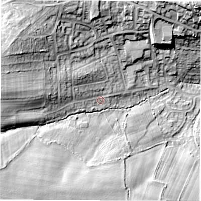 Shaded relief map of the ground around S714LF, computed from Environment Agency LiDAR. The ground here sits at about 61 m above sea level and falls 28 m across the surrounding 800 m. Surface water reaching this point runs off ground lying to the west-north-west, 10.7 m higher.