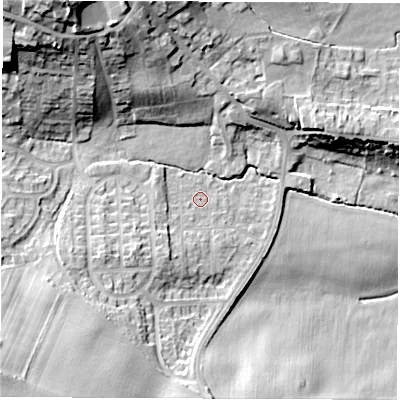 Shaded relief map of the ground around S714NP, computed from Environment Agency LiDAR. The ground here sits at about 51 m above sea level and falls 30 m across the surrounding 800 m. Surface water reaching this point runs off ground lying to the north-west, 26.0 m higher.