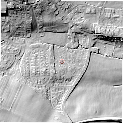 Shaded relief map of the ground around S714NR, computed from Environment Agency LiDAR. The ground here sits at about 51 m above sea level and falls 26 m across the surrounding 800 m. Surface water reaching this point runs off ground lying to the south-west, 3.8 m higher.
