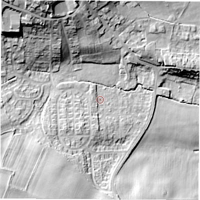Shaded relief map of the ground around S714NS, computed from Environment Agency LiDAR. The ground here sits at about 51 m above sea level and falls 31 m across the surrounding 800 m. Surface water reaching this point runs off ground lying to the south-south-west, 3.3 m higher.