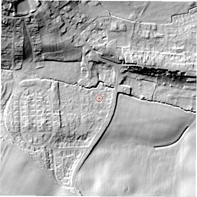 Shaded relief map of the ground around S714NW, computed from Environment Agency LiDAR. The ground here sits at about 51 m above sea level and falls 30 m across the surrounding 800 m. Surface water reaching this point runs off ground lying to the north-north-west, 17.1 m higher.