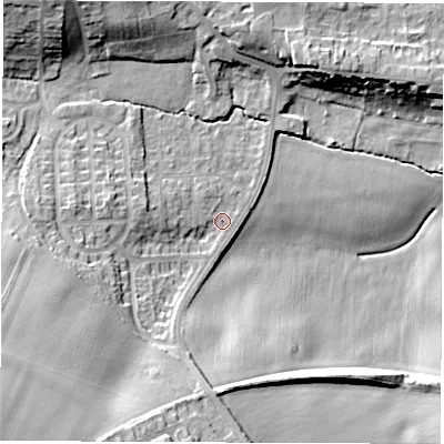 Shaded relief map of the ground around S714NX, computed from Environment Agency LiDAR. The ground here sits at about 51 m above sea level and falls 22 m across the surrounding 800 m. Surface water reaching this point runs off ground lying to the south-west, 18.3 m higher.