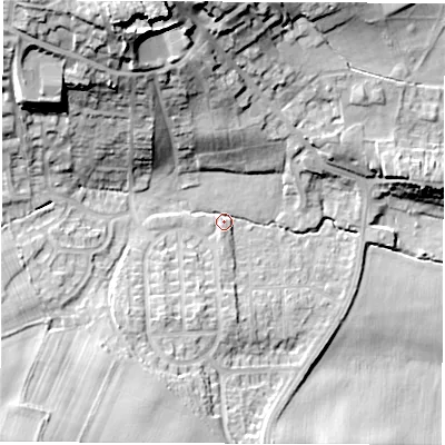 Shaded relief map of the ground around S714PU, computed from Environment Agency LiDAR. The ground here sits at about 52 m above sea level and falls 33 m across the surrounding 800 m. Surface water reaching this point runs off ground lying to the north-north-west, 29.6 m higher.