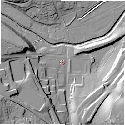 Shaded relief map of the ground around S715AD, computed from Environment Agency LiDAR. The ground here sits at about 38 m above sea level and falls 40 m across the surrounding 800 m. Surface water reaching this point runs off ground lying to the west-south-west, 25.6 m higher.