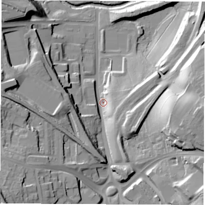 Shaded relief map of the ground around S715AE, computed from Environment Agency LiDAR. The ground here sits at about 40 m above sea level and falls 42 m across the surrounding 800 m. Surface water reaching this point runs off ground lying to the south-west, 35.6 m higher.