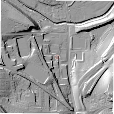 Shaded relief map of the ground around S715AS, computed from Environment Agency LiDAR. The ground here sits at about 40 m above sea level and falls 44 m across the surrounding 800 m. Surface water reaching this point runs off ground lying to the west-south-west, 23.4 m higher.