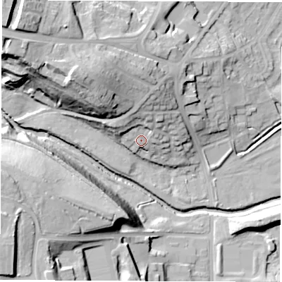Shaded relief map of the ground around S715FE, computed from Environment Agency LiDAR. The ground here sits at about 43 m above sea level and falls 37 m across the surrounding 800 m. Surface water reaching this point runs off ground lying to the north, 11.0 m higher.