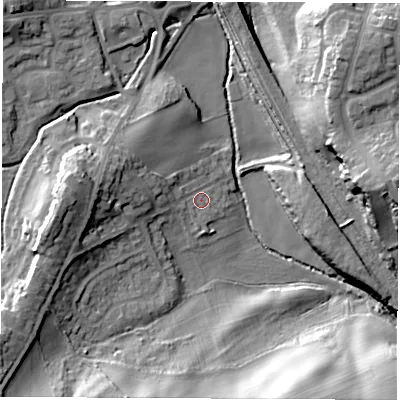 Shaded relief map of the ground around S715LD, computed from Environment Agency LiDAR. The ground here sits at about 38 m above sea level and falls 24 m across the surrounding 800 m. Surface water reaching this point runs off ground lying to the west, 4.1 m higher.