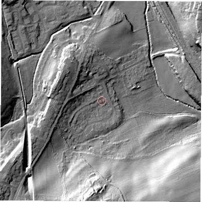 Shaded relief map of the ground around S715LF, computed from Environment Agency LiDAR. The ground here sits at about 40 m above sea level and falls 33 m across the surrounding 800 m. Surface water reaching this point runs off ground lying to the west-north-west, 11.8 m higher.