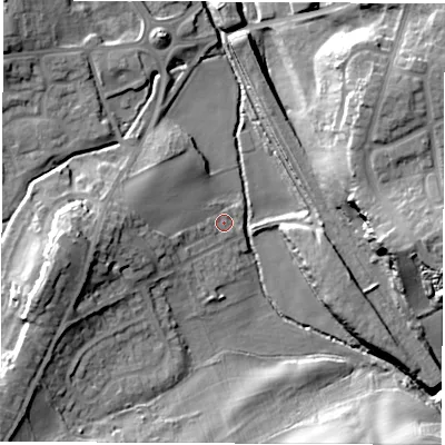Shaded relief map of the ground around S715LH, computed from Environment Agency LiDAR. The ground here sits at about 37 m above sea level and falls 24 m across the surrounding 800 m. Surface water reaching this point runs off ground lying to the west, 10.6 m higher.