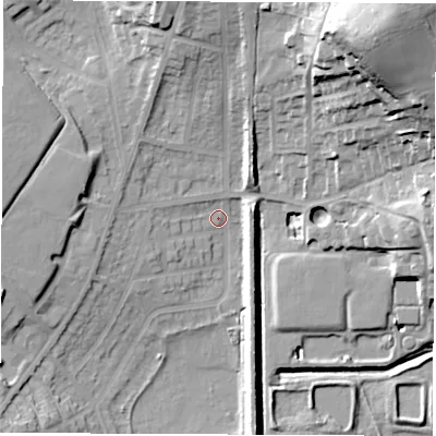 Shaded relief map of the ground around S715LP, computed from Environment Agency LiDAR. The ground here sits at about 36 m above sea level and falls 44 m across the surrounding 800 m. Surface water reaching this point runs off ground lying to the north-east, 39.6 m higher.