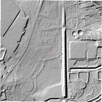 Shaded relief map of the ground around S715LR, computed from Environment Agency LiDAR. The ground here sits at about 35 m above sea level and falls 34 m across the surrounding 800 m. Surface water reaching this point runs off ground lying to the south-west, 18.1 m higher.