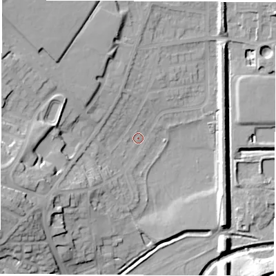 Shaded relief map of the ground around S715LS, computed from Environment Agency LiDAR. The ground here sits at about 35 m above sea level and falls 25 m across the surrounding 800 m. Surface water reaching this point runs off ground lying to the south-west, 18.1 m higher.